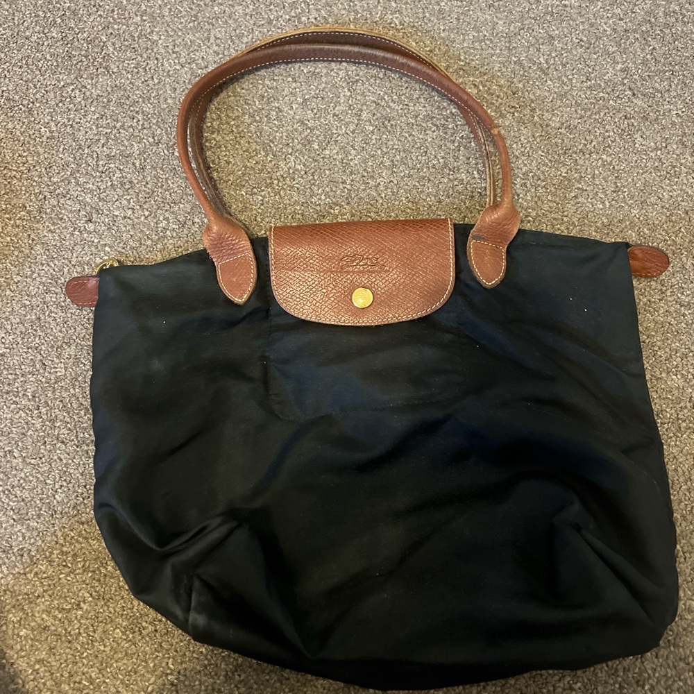 Longchamp Black Nylon Tote with Brown Leather Trim